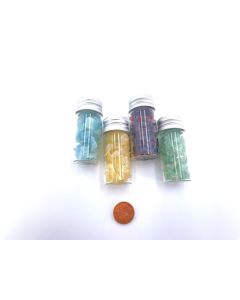 Aventurine, beryl (aquamarine), danburite and rhodolite as a set in a decorative bottle; 4 pieces
