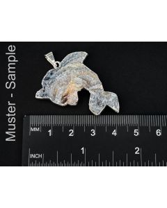 Snake agate quartz geode/druse; in metal setting (silver, real!) as pendant, dolphin; 1 piece