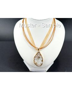 Organza Necklace with Agate Druzy Slice Pendant; Light Brown/Gold-Coloured; 1 Piece