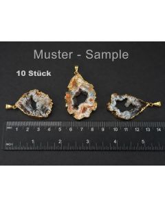 Agate Druzy Slice Pendant; Gold-Coloured Metal Setting; 10 Pieces