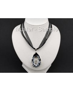 Organza Necklace with Agate Druzy Slice Pendant; black/silver; 1 Piece