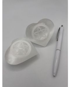 Selenite heart, white, polished, engraved, "star", approx. 7 cm, 1 piece