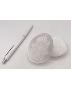 Selenite hand charm, lentil and soap stones, engraved, "chakra hand", app. 5-7 cm, 1 piece