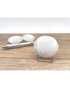 Selenite hand charm, lentil and soap stones, engraved, "blossom", app. 5-7 cm, 1 piece