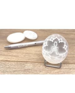 Selenite hand charm, lentil and soap stones, engraved, "Meditation", app. 5-7 cm, 1 piece