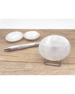 Selenite hand charm, lentil and soap stones, engraved, "Goddess symbol", approx. 5-7 cm, 1 piece