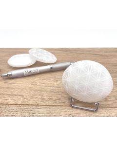 Selenite hand charm, lentil and soap stones, engraved, "flower of life", approx. 5-7 cm, 1 piece