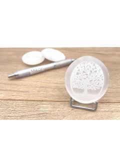 Selenite hand charm, lentil and soap stones, engraved, "Tree of Life", approx. 5-7 cm, 1 piece