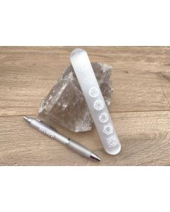 Selenite massage stick, "chakra", round, engraved, 15 cm, 1 piece