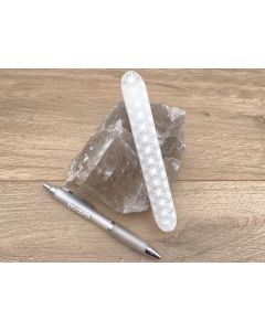 Selenite massage stick, "Flower of Life", round, engraved, 15 cm, 1 piece