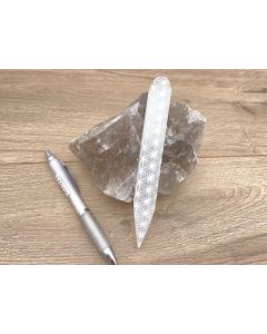 Selenite massage stick, "Flower of life", round, pointed, engraved, 15 cm, 1 piece