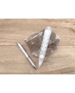 Selenite massage stick, "Chakra", round, pointed, engraved, 15 cm, 1 piece