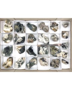 Aegirine, Xenotine, Elpidite etc. xx; on matrix, partly UV-active; Mt. Malosa, Zomba, Malawi; 1 unique flat (367)