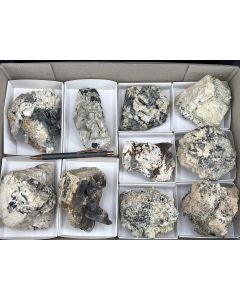 Aegirine, Pyrochlore, Feldspar, Smoky Quartz xls; partly UV-active; Mt. Malosa, Zomba, Malawi; 1 flat; unique