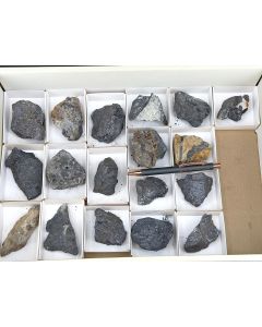 Silver minerals, pyrargyrite xls, dyscrasite, argyrodite xls, canfieldite xls; Colquechaca, Bolivia; 1 lot with 18 pieces; unique
