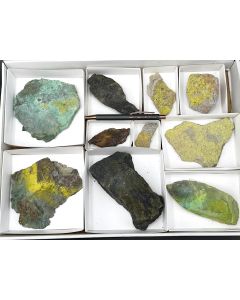 Pandoraite, Zippeite, Phurcalite, xls, Pascoite xls; UV-active; Pandora & Posey Mine, UT, USA; 1 unique flat