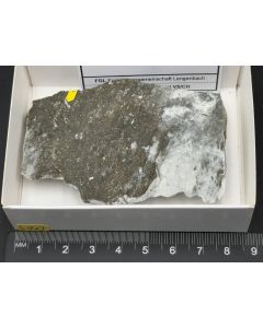 Epsomite / Hexahydrite or similar (?), Pyrite xls; Lengenbach Quarry, Binntal, Valais, Switzerland; Scab; unique piece
