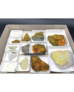 Pandoraite, Rakovanite, Pascoite, Metamunirite, Phurcalite xls; UV-active; Pandora Mine, UT, USA; 1 unique flat
