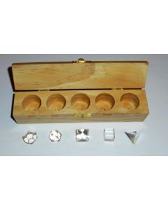Platonical forms made of mountain quartz, set of 5 different ones, in a wooden box