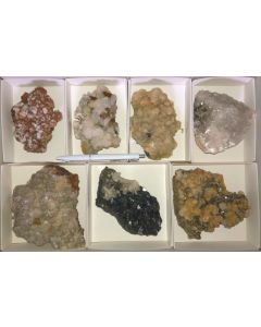 Galena, Pyrite, Arsenopyrite, Calcite, Rhodochrosite etc. sulphide crystals on matrix, Trepca, Kosovo, 1 flat with 5-7 specimen