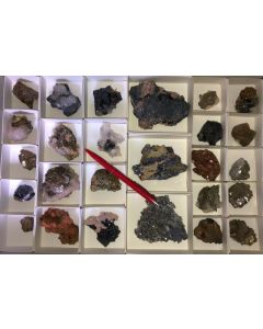 Galena, Pyrite, Arsenopyrite, Calcite, Rhodochrosite etc. sulphide crystals on matrix, Trepca, Kosovo, 1 flat with 26 specimen