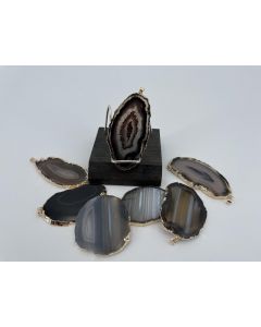 Agate slice; brown, black, with metal frame, gold, approx. 5-7cm; 1 piece 