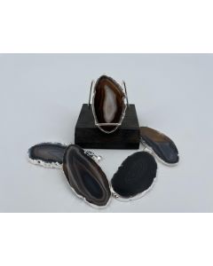 Agate slice; brown, black, with metal frame, silver, approx. 5-7cm; 1 piece 