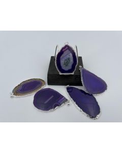 Agate slice; purple, with metal frame, silver, approx. 5-7cm; 1 piece 