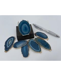 Agate slice; turquoise, petrol, with metal frame, gold, approx. 5-7cm; 1 piece