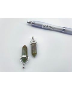 Gemstone stone point pendant; crystal, Moss Agate, in metal setting, about 1 1/2 inch, 3.5 cm; 1 piece