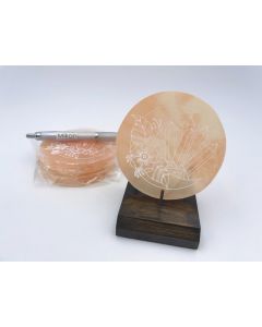 Selenite, chakra disc; orange, "moon/crystal", round, engraved, polished, approx. 10 cm; 1 piece