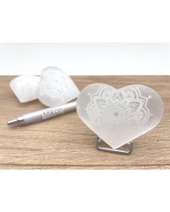 Selenite heart, white, polished, engraved, "Mandala", approx. 7 cm, 1 piece