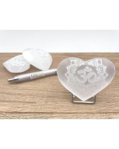 Selenite heart, white, polished, engraved, "Om/Goa", approx. 7 cm, 1 piece