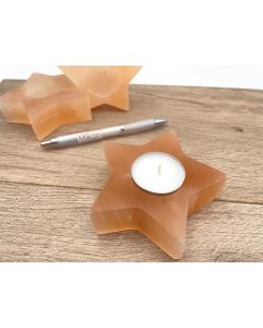 Selenite candle light stick in star-shape, orange, polished, app. 8-10 cm, 1 piece