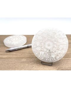 Selenite, white, disc, "zodiac sign/asterisk" round, engraved, polished, approx. 10 cm, 1 piece