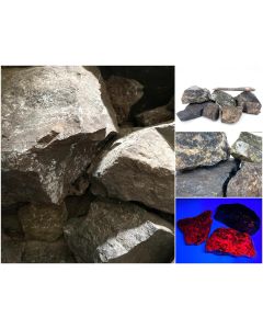Svabite, Mn-calcite, Swedenborgite, Powellite, etc.; UV Active!, Langban, Sweden; 10 kg
