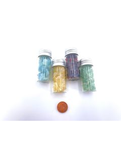 Aventurine, beryl (aquamarine), danburite and rhodlite as a set in a decorative bottle; 4 pieces
