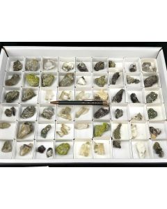 Axinite, Epidote, Pyrite xls, Rock Crystal xls; Gabbro, Harz, Germany; 1 flat; unique
