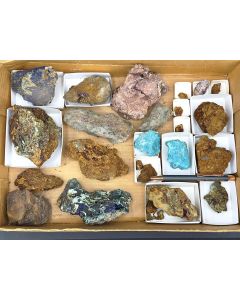 Chalcotrichite, Cuprite, Azurite and nat. Copper xls, Chrysocolla; Ray Mine, AZ, USA; 1 unique flat