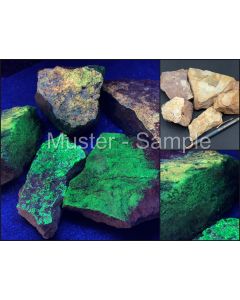 Phurcalite, Zippeite (UV!); Posey Mine; Utah, USA; 100 kg