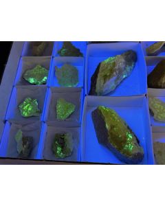 Metamunirite, Zippeite,  Andersonite  xls; UV-active; D-Day Mine, Utah, USA; 1 unique flat
