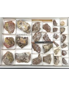 Wickenburgite xls (UV-active); Maricopaite xls; Old Man Anchor Mine, AZ, USA; 1 flat
